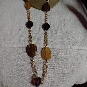 Goldtone brown yellow beaded chain necklace